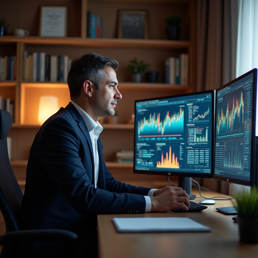Руководитель анализирует финансовые данные на экране