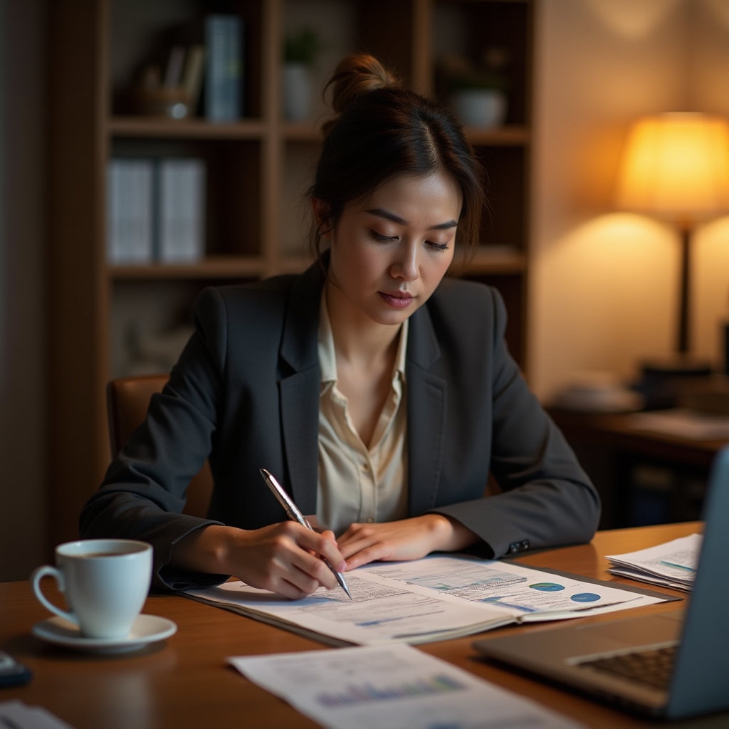 Менеджер изучает финансовые отчёты за рабочим столом